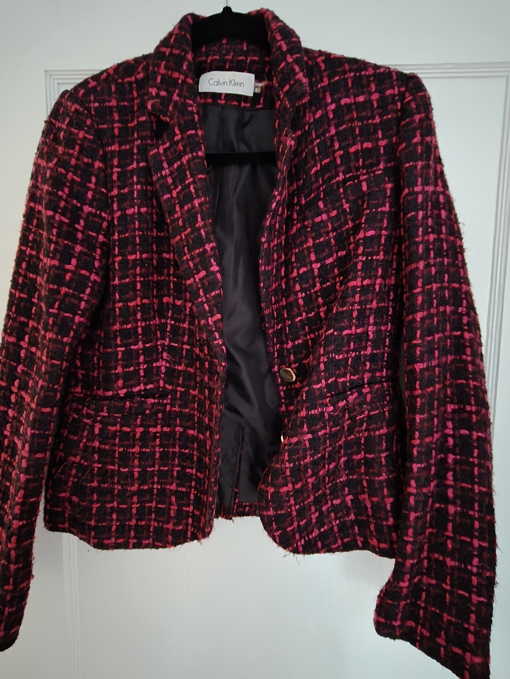 Calvin Klein Pink and Black Tweed Single-Button Blazer